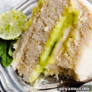 Zesty Mojito Cake with Spiked Rum Buttercream 12 A close-up on a slice of mojito cake with visible lime curd filling, fluffy cake layers, and whipped frosting.