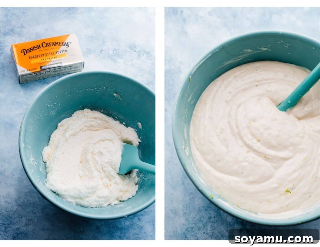 Zesty Mojito Cake with Spiked Rum Buttercream 5 Two images - one of a bowl of butter and sugar creamed together, the other of the finished silky cake batter.