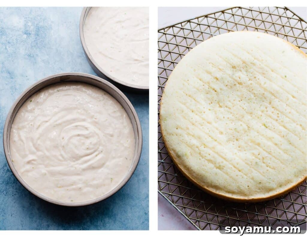 Zesty Mojito Cake with Spiked Rum Buttercream 6 Two images - one of two cake pans filled with batter, and one of the baked cake layers.