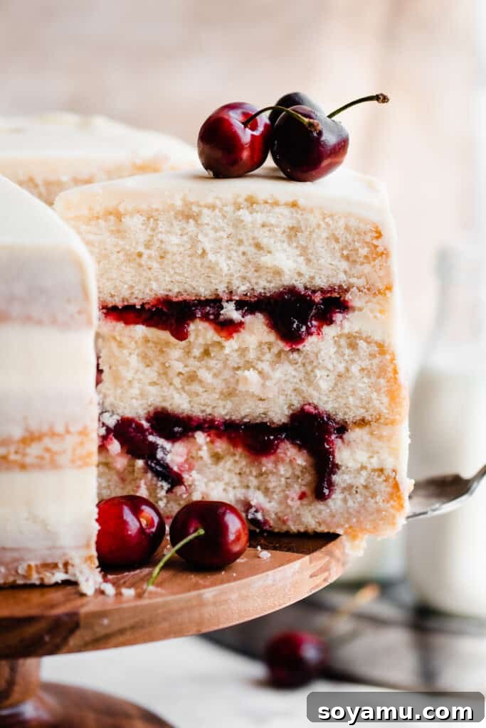 Enchanted White Forest Cake 3 A close-up view of a slice of White Forest Cake, revealing distinct layers of airy white chocolate ganache and glistening cherry sauce within the soft white cake.