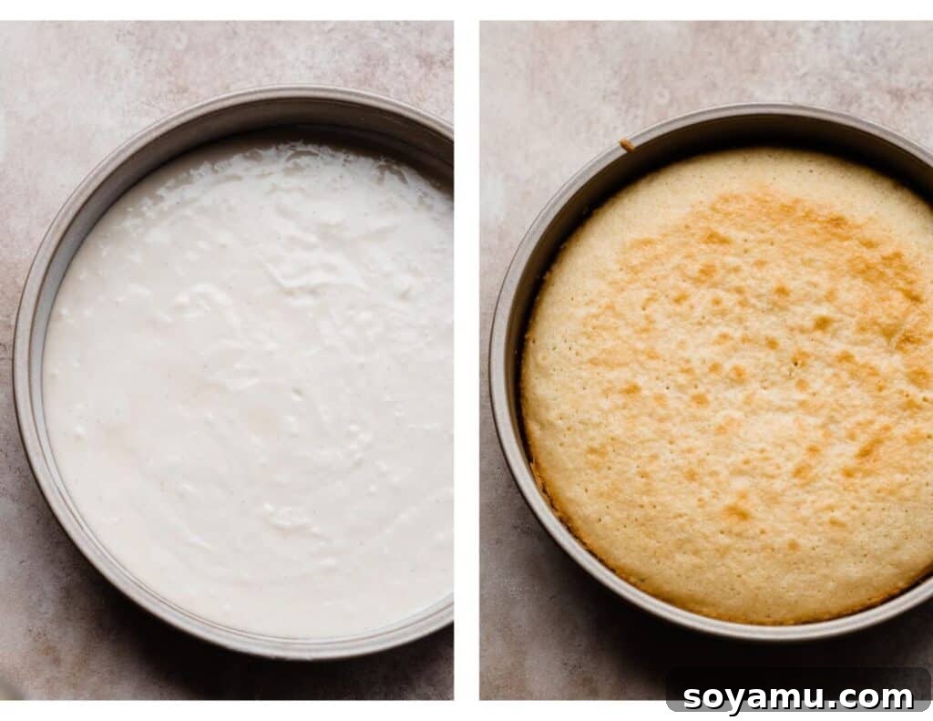 Enchanted White Forest Cake 5 Two images showcasing the baking process: one of smooth cake batter poured into a prepared pan, and another of a beautifully golden-brown baked cake cooling in its pan.