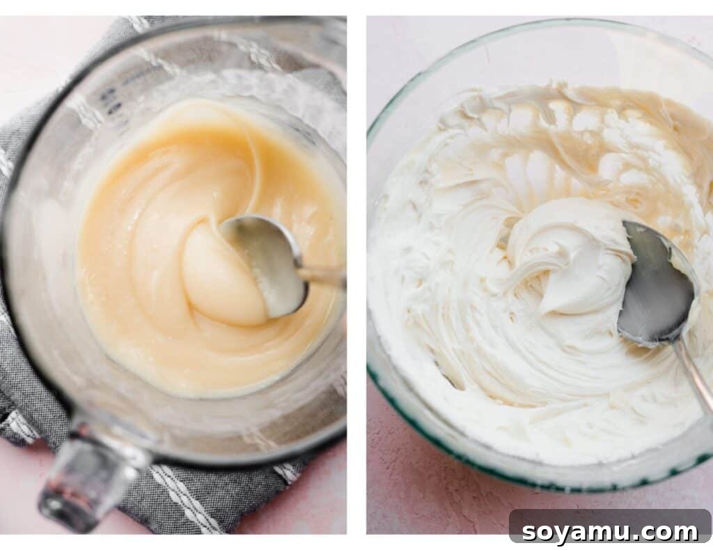 Enchanted White Forest Cake 7 Two images: one shows thick, melted white chocolate ganache, and the other features the same ganache beautifully whipped to a light and airy consistency.