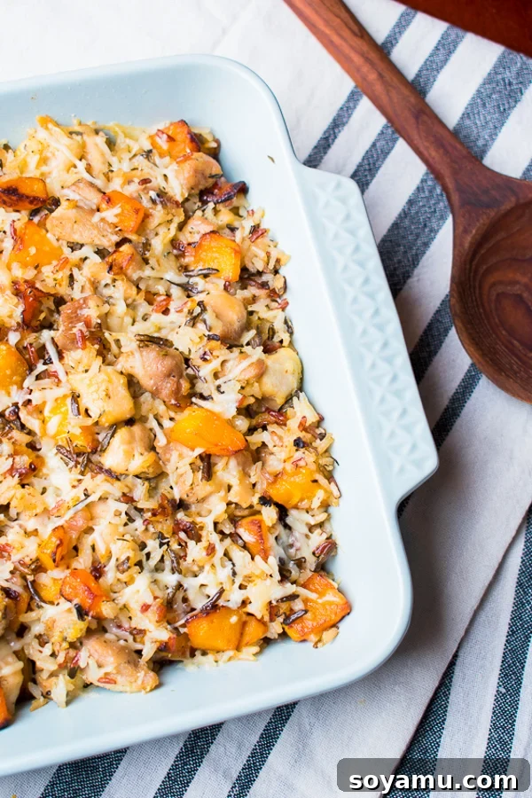 Healthy Chicken Wild Rice Casserole featuring tender chicken, wild rice, and roasted butternut squash, perfect for a cozy, wholesome meal.