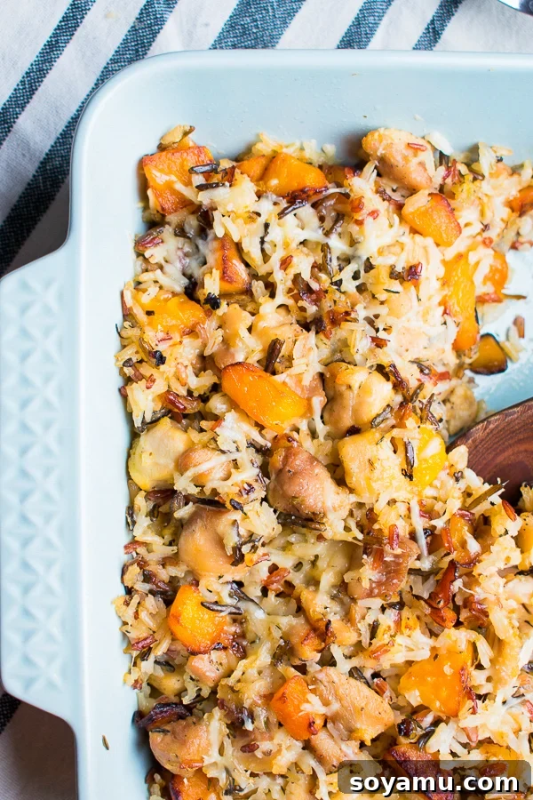 The golden, crispy top of the healthy chicken wild rice casserole fresh out of the oven, with melted Parmesan cheese.