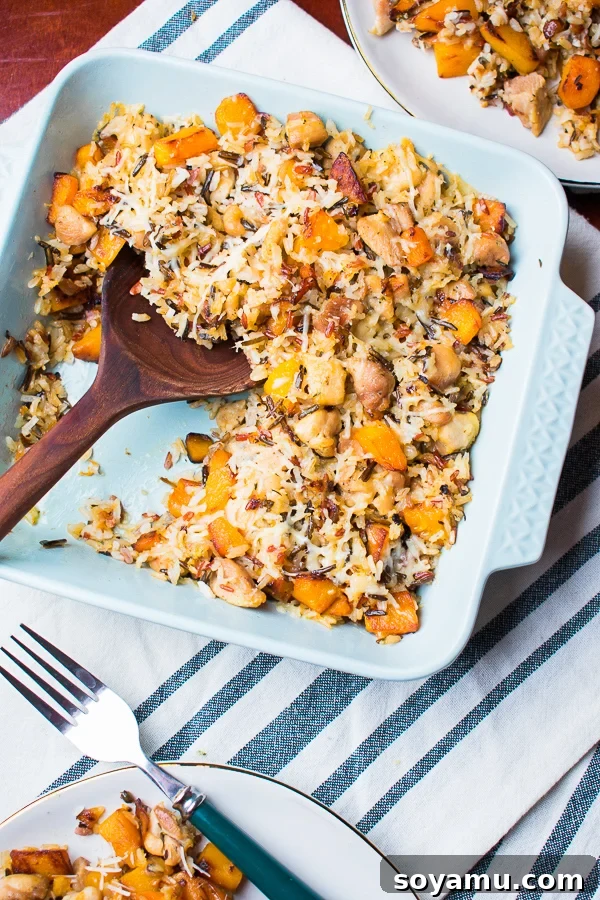 A serving of healthy chicken wild rice casserole in a bowl, showing off the perfectly cooked ingredients.