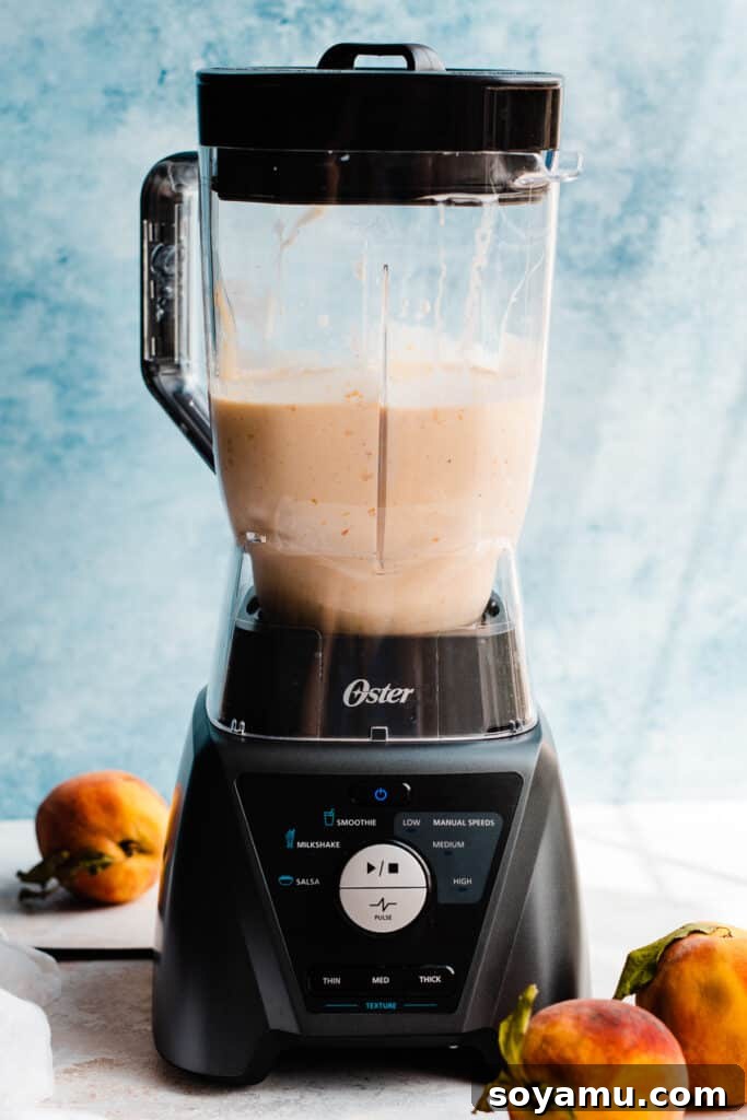 Swirled Homemade Peach Pie Milkshake 6 A blender carafe with a perfectly blended, thick peach milkshake, demonstrating the smooth and creamy texture achieved, ready to be poured and served.