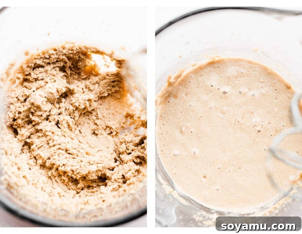 Luscious Peach Cupcakes Crowned with Cinnamon Cream Cheese Frosting 5 Two images side-by-side: The first shows creamed butter and sugar in a bowl; the second shows the same mixture after egg whites are incorporated, appearing lighter and runnier.