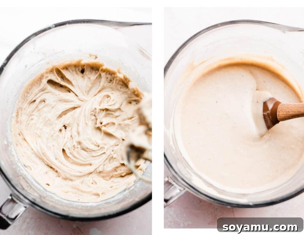 Luscious Peach Cupcakes Crowned with Cinnamon Cream Cheese Frosting 6 Two images side-by-side: The first shows the thickened batter after dry ingredients are added; the second shows the runnier batter once milk has been incorporated.