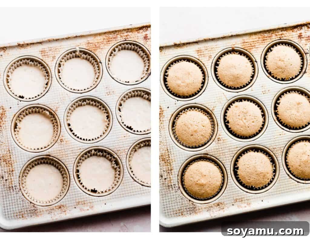Luscious Peach Cupcakes Crowned with Cinnamon Cream Cheese Frosting 7 Two images side-by-side: The first displays cupcake batter neatly scooped into liners; the second shows the same cupcakes after baking, golden brown and puffed.