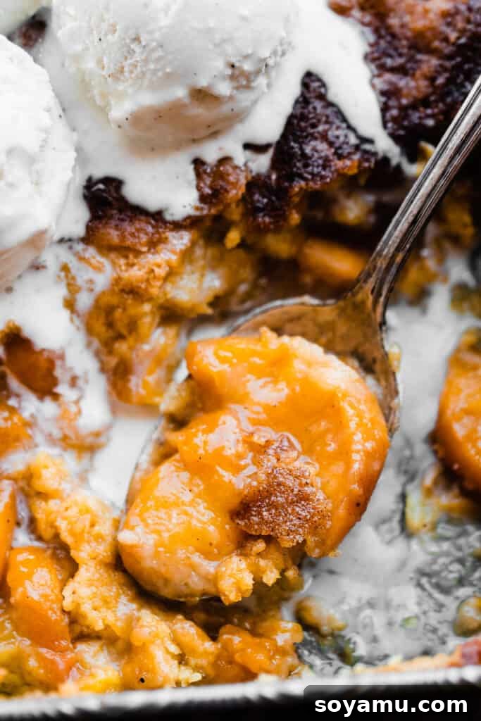 Easy Peachy Cobbler Bake 7 A close-up on a spoon with a scoop of peach cobbler.