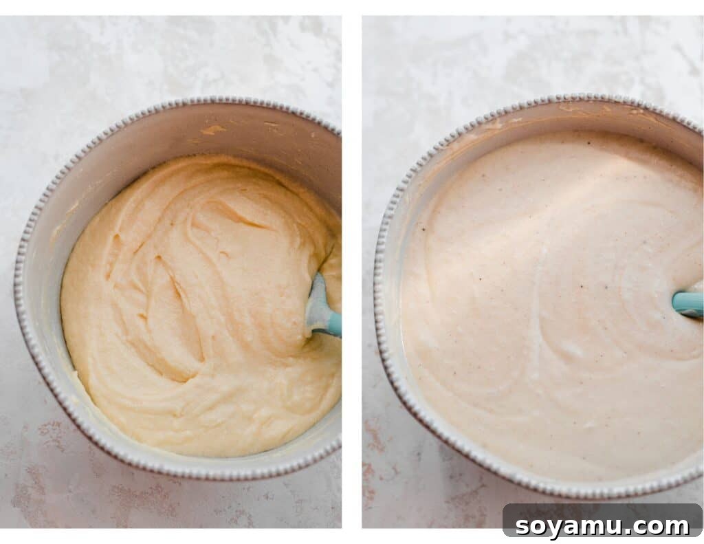 Golden Peach Cobbler Cake with Nutty Brown Butter Frosting 5 Two images: one shows wet ingredients creaming in a stand mixer bowl, the other displays the smooth, semi-runny finished cake batter.