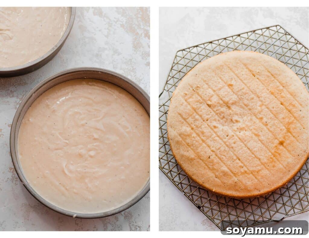 Golden Peach Cobbler Cake with Nutty Brown Butter Frosting 6 Two images: one shows cake batter in round cake pans ready for baking, the other displays a freshly baked, golden-brown cake layer cooling on a wire rack.