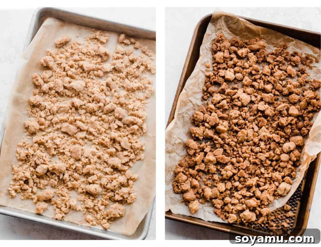 Golden Peach Cobbler Cake with Nutty Brown Butter Frosting 7 Two images: one shows the streusel mixture unbaked on a baking sheet, the other shows the perfectly golden-brown and crumbly streusel after baking.
