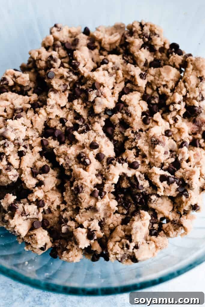 No-Bake Cookie Dough Poppers 6 A bowl brimming with delicious edible chocolate chip cookie dough, studded with mini chocolate chips.