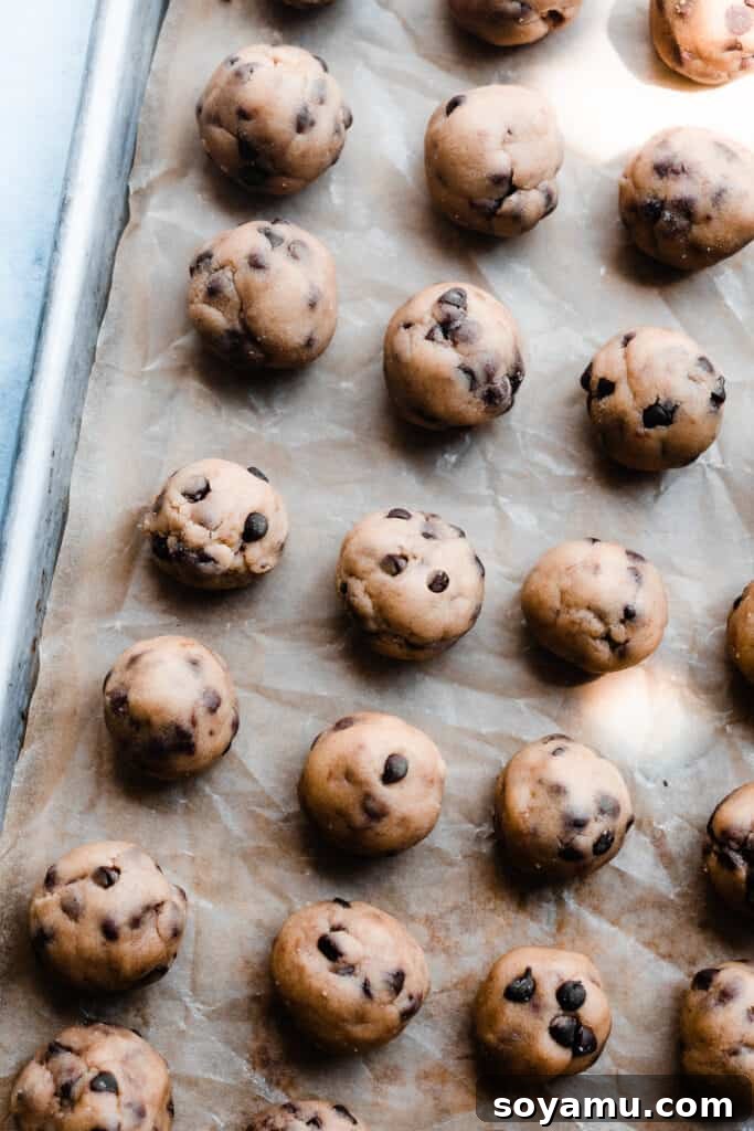 No-Bake Cookie Dough Poppers 7 A tray filled with neatly arranged, bite-sized edible cookie dough balls, dusted with a hint of flaky sea salt.