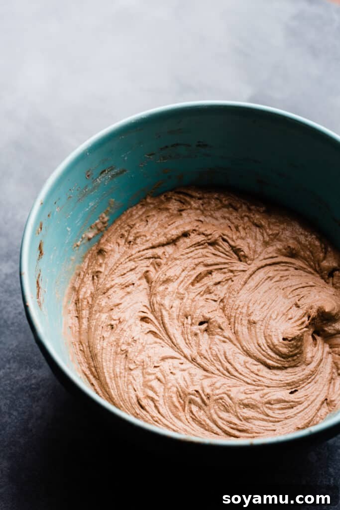 A bowl filled with the rich, smooth chocolate cake batter, ready for the next step.