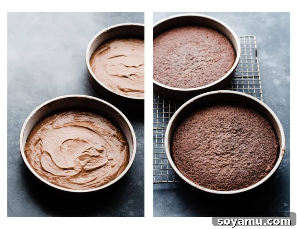 Two side-by-side images showing pans of smooth chocolate cake batter before baking and golden-brown, perfectly risen cake layers after baking.