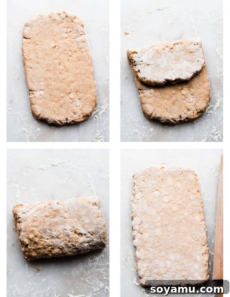 Warm Maple Biscuits with a Velvety Maple Glaze 5 A series of four images depicting the biscuit dough being folded in thirds like a letter and then rolled back out, illustrating the layering process.