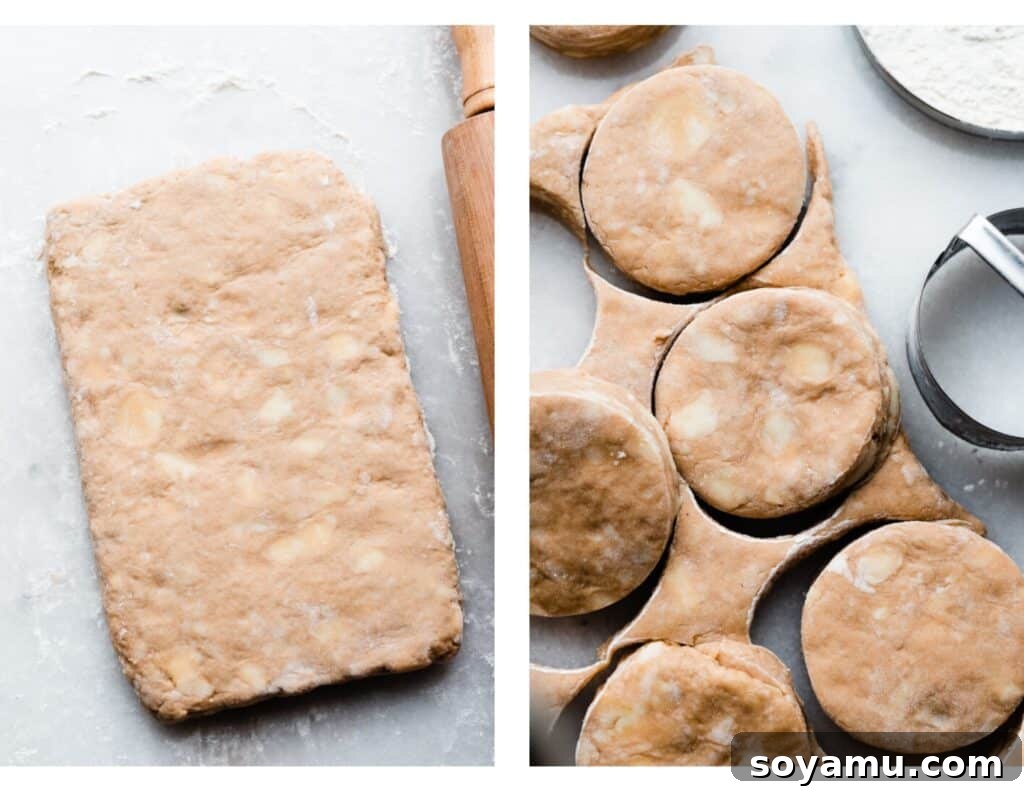 Warm Maple Biscuits with a Velvety Maple Glaze 6 Two images side-by-side: one showing the rolled out, layered biscuit dough ready for cutting, and the second showing a biscuit cutter pressing down to cut individual biscuits.