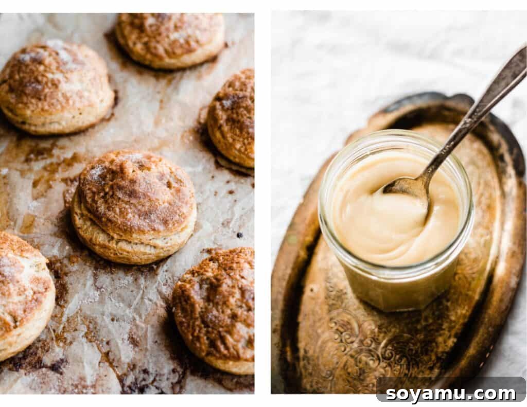 Warm Maple Biscuits with a Velvety Maple Glaze 8 Two images: one displays a tray of perfectly baked maple biscuits, golden and inviting, and the other features a small jar of creamy maple glaze ready for drizzling.