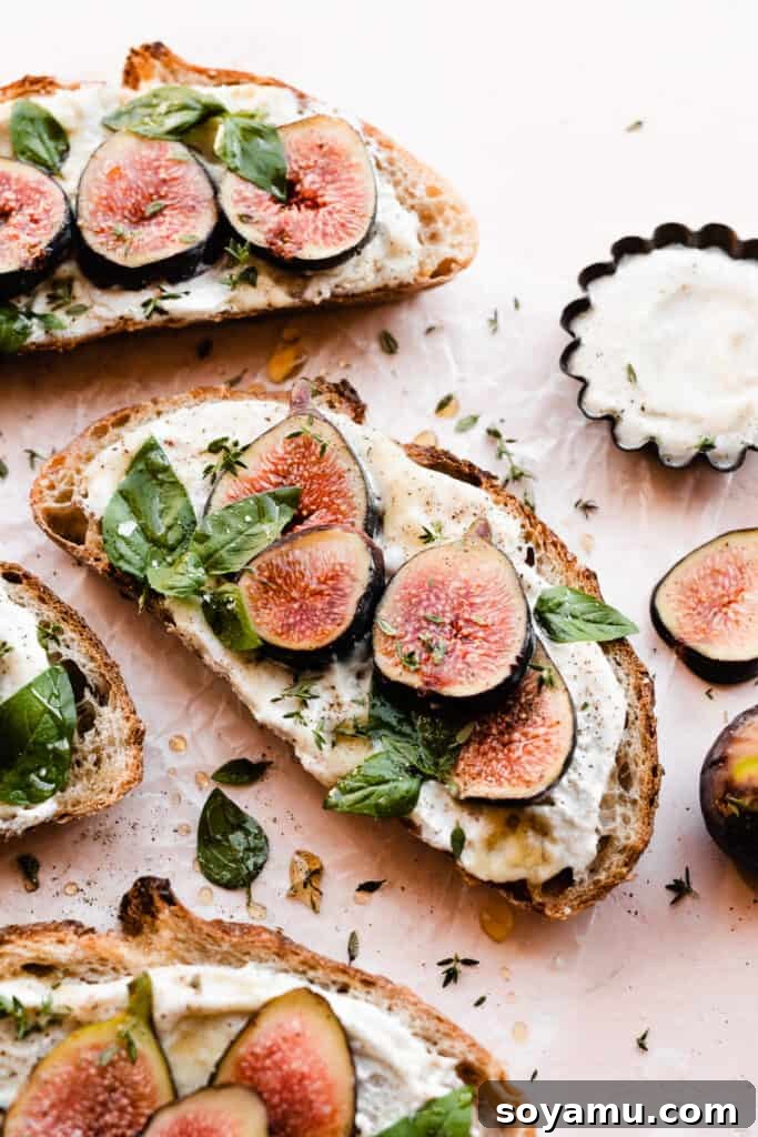 Luscious Fig & Honey Ricotta Toast 7 A single slice of completed ricotta toast, garnished with figs, basil, honey, and sea salt, placed on a subtly colored background.