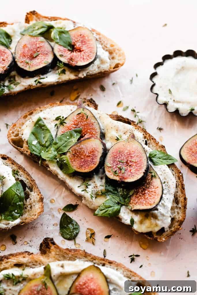 Luscious Fig & Honey Ricotta Toast 8 Seven exquisitely prepared slices of ricotta toast, each lavishly topped with fresh figs, golden honey, verdant basil leaves, and a sprinkle of flaky sea salt, artfully arranged for a stunning presentation.