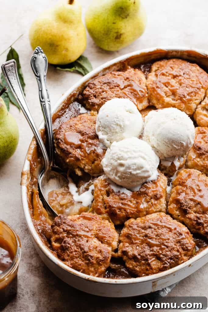Caramel Sea Salt Pear Cobbler 2 A baking dish of golden brown pear cobbler with a generous scoop of vanilla ice cream melting on top, and a serving spoon ready to dig in.