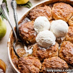 Caramel Sea Salt Pear Cobbler 11 An oval baking dish of pear cobbler topped with salted caramel sauce and vanilla ice cream.
