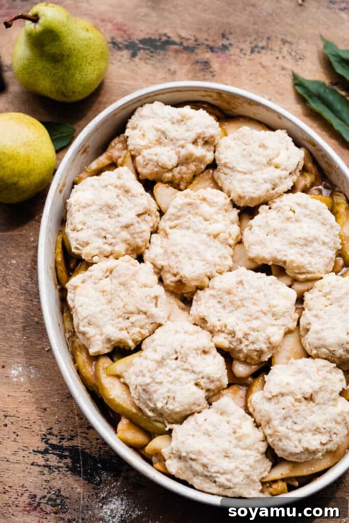 Caramel Sea Salt Pear Cobbler 7 The unbaked pear cobbler in a rectangular baking dish, with dollops of biscuit topping scattered over the spiced pear filling, awaiting its transformation in the oven.