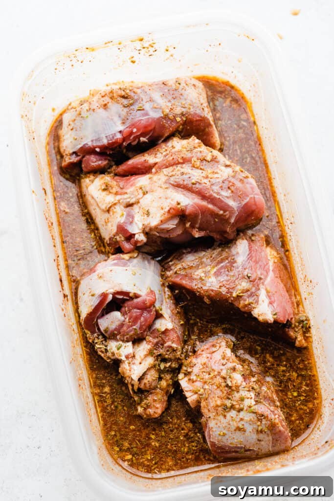 Melt-in-Your-Mouth One-Pot Lamb Barbacoa Tacos 4 Lamb marinating in a tupperware container, soaking up all the flavorful spices.