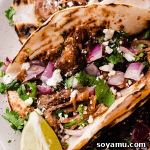 A close-up of a lamb barbacoa taco with toppings, highlighting its deliciousness.