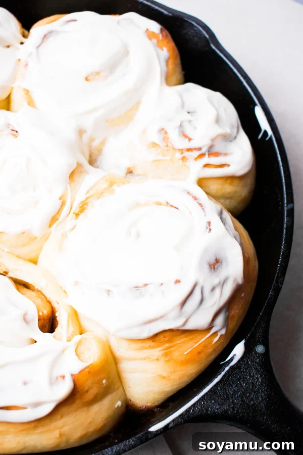 A close-up of a single cast iron cinnamon roll, showcasing the creamy frosting and rich cinnamon filling.
