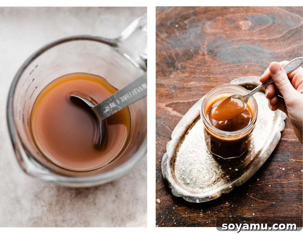 Spiced Caramel Apple Cider Cookies 4 Two images side-by-side: one showing dark, rich reduced apple cider in a glass jar and the other displaying golden salted caramel sauce.