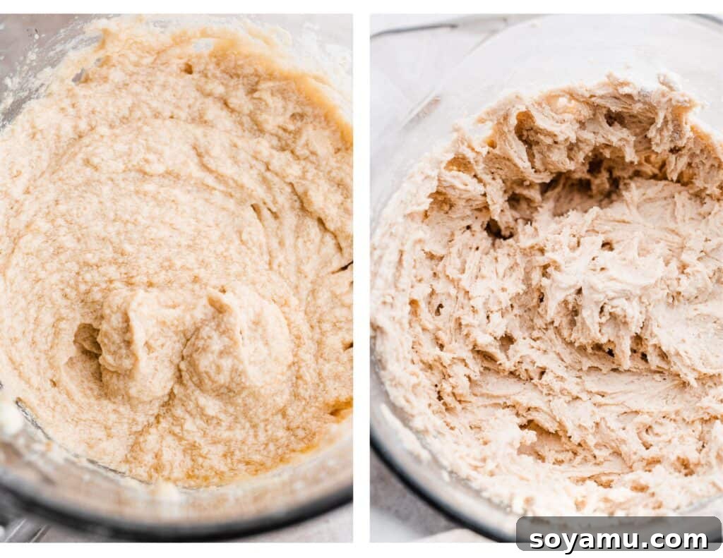 Spiced Caramel Apple Cider Cookies 5 Two images: one showcasing wet ingredients for the cookie dough in a bowl, and the other displaying the mixed, unbaked cookie dough ready for chilling.