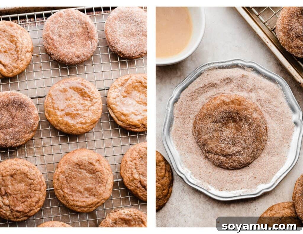 Spiced Caramel Apple Cider Cookies 7 Two images illustrating the finishing steps: one showing baked cookies being brushed with the apple cider and apple butter mixture, and the other a cookie being rolled in the apple pie spice coating.