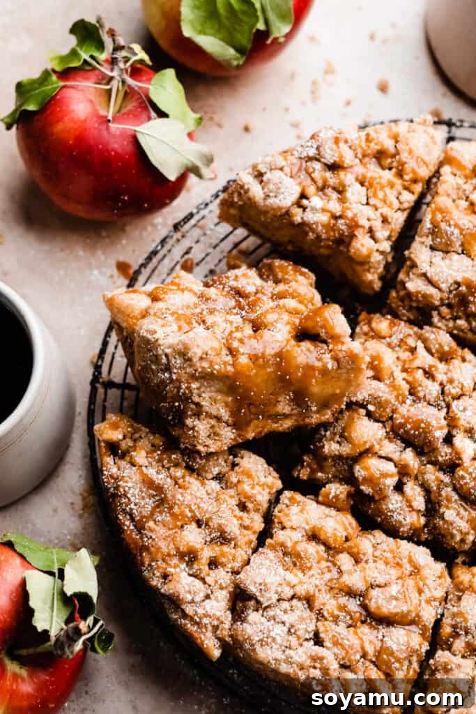 Slices of apple crumb cake on a wire rack, drizzled with caramel sauce. Steam may be subtly rising, indicating warmth.
