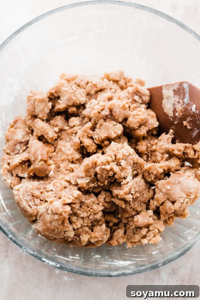A bowl of the crumb topping mixture, showing large, coarse crumbs ready for baking.