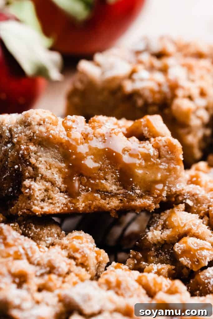 A close-up on a single slice of caramel apple crumb cake, showing the distinct layers and crumb texture.