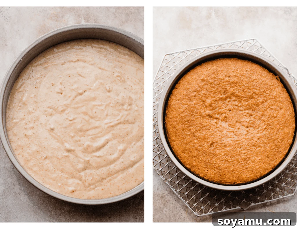 Ultimate Lotus Biscoff Cookie Butter Layer Cake 6 Cake batter in a cake pan, and a baked cake layer on a cooling rack.