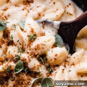 A close-up of a serving spoon in a pot of creamy white cheddar mac.