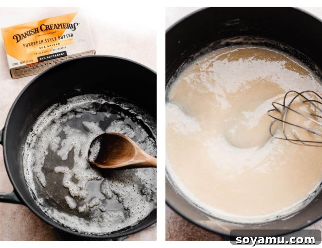Creamy White Cheddar Mac with Crispy Brown Butter Crumbs 4 Two images side by side: one showing butter melting in a pot, the other showing flour being whisked into the melted butter to form a roux.