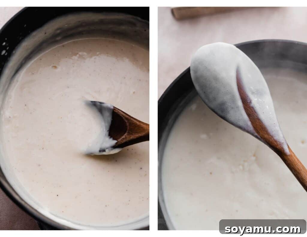 Creamy White Cheddar Mac with Crispy Brown Butter Crumbs 5 Two images: one showcasing a wooden spoon coating the back of the thickened, creamy white cheddar sauce, and another demonstrating the 'finger trail' test for perfect sauce consistency.