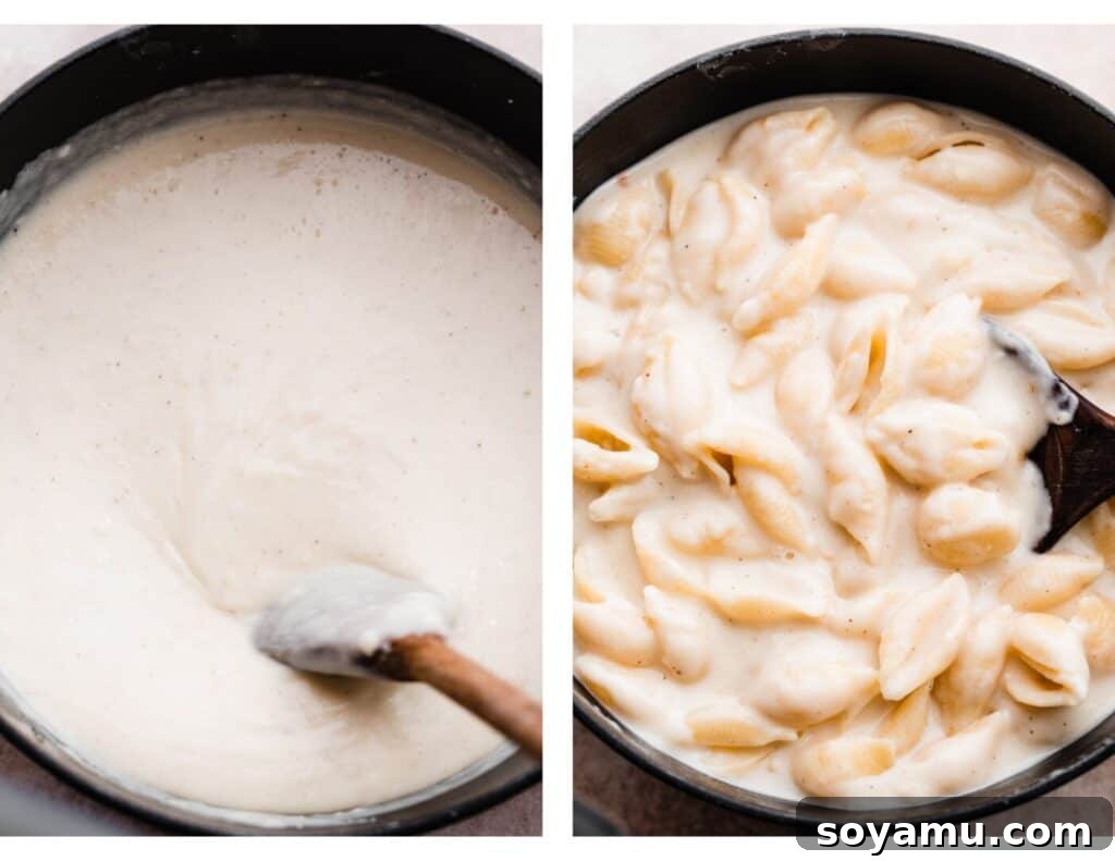 Creamy White Cheddar Mac with Crispy Brown Butter Crumbs 6 Two images: one showing shredded white cheddar cheese being slowly stirred into the creamy sauce, and the other displaying cooked pasta being mixed into the rich white cheddar sauce.