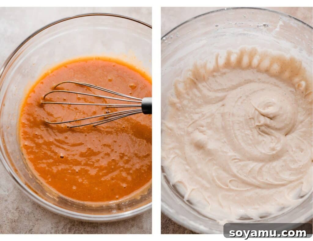Decadent Pumpkin Gooey Butter Cake 5 Two images side by side: one showing the smooth pumpkin cake batter ready for the pan, and the other displaying the creamy, spiced cream cheese mixture.