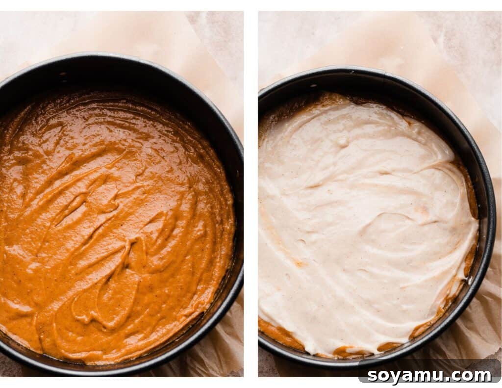Decadent Pumpkin Gooey Butter Cake 6 Two images: one showing the pumpkin cake batter spread evenly in a greased springform pan, and the other with the creamy, white cream cheese layer dolloped and spread evenly on top, ready for baking.
