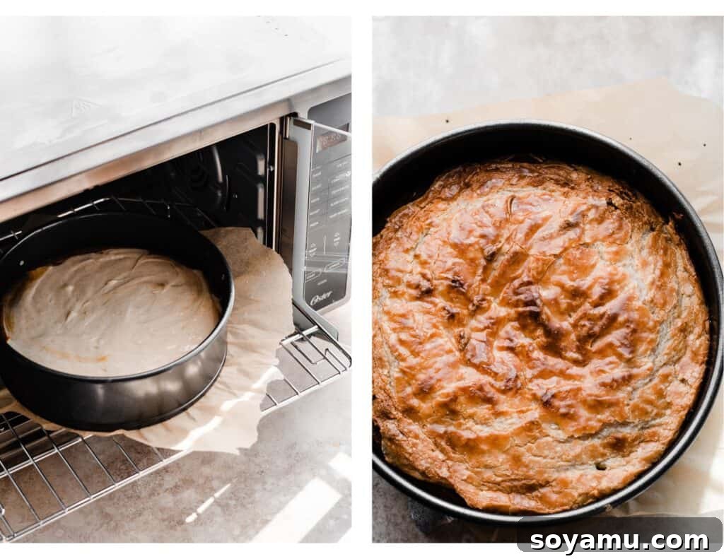 Decadent Pumpkin Gooey Butter Cake 7 Two images: one showing the cake being carefully placed into an air fry oven, and the other displaying the beautifully baked cake with a perfectly golden, crackly top, fresh out of the oven.