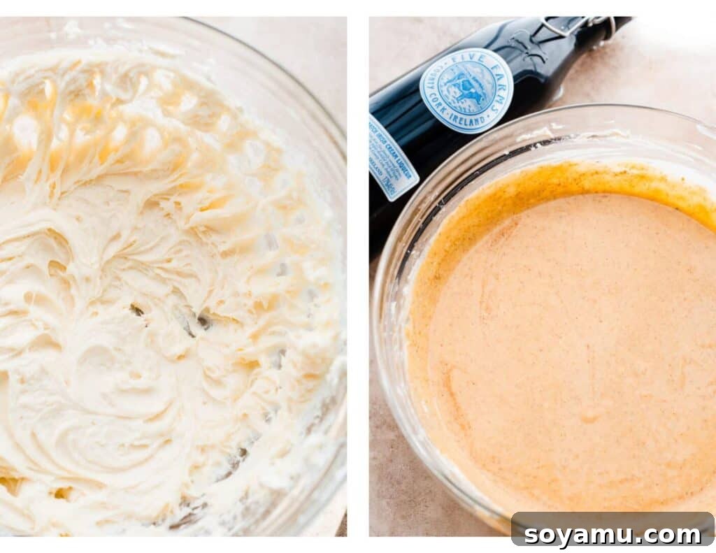 Velvet Pumpkin Irish Cream Cheesecake Bars 5 A composite image showing the progression of the cheesecake batter: one bowl with smooth, beaten cream cheese and sugar, and another bowl with the finished, slightly runny pumpkin cheesecake batter, ready for baking.