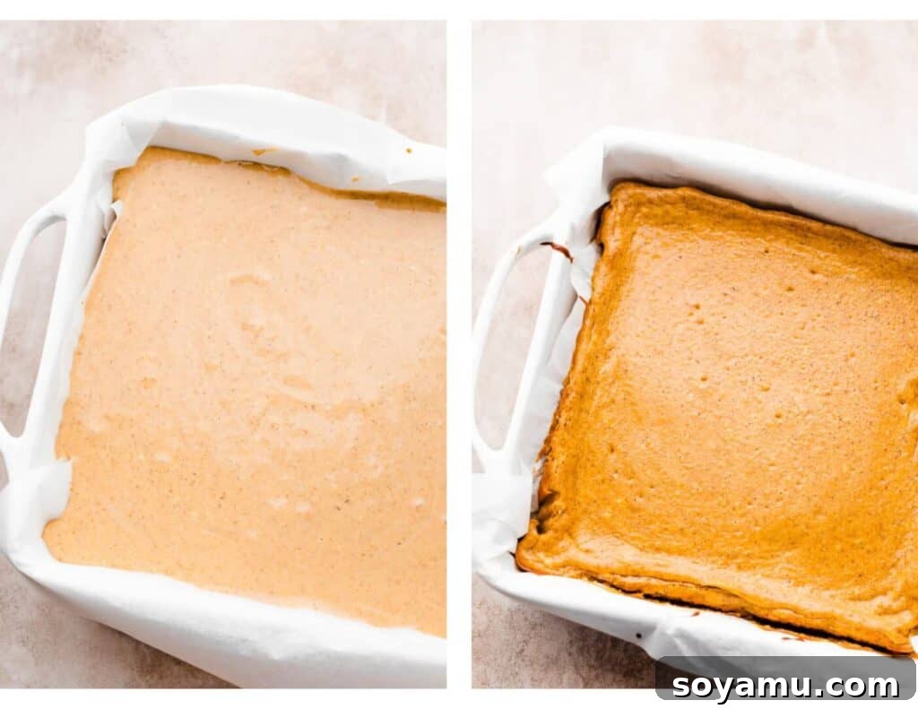 Velvet Pumpkin Irish Cream Cheesecake Bars 6 A composite image featuring two stages: one shows the unbaked pumpkin cheesecake batter poured over the gingersnap crust in a baking pan, and the other shows the golden-brown, baked pumpkin cheesecake bars cooling in the same pan.