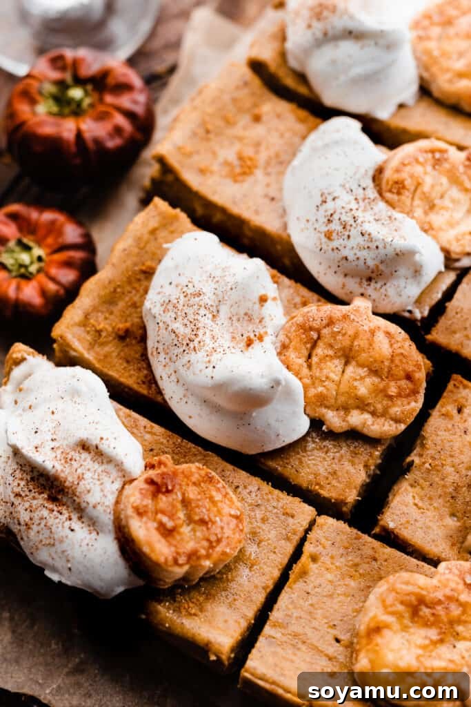 Velvet Pumpkin Irish Cream Cheesecake Bars 8 A beautiful close-up of a tray of sliced pumpkin cheesecake bars, each perfectly square and topped with a swirl of fluffy whipped cream, highlighting their irresistible texture.