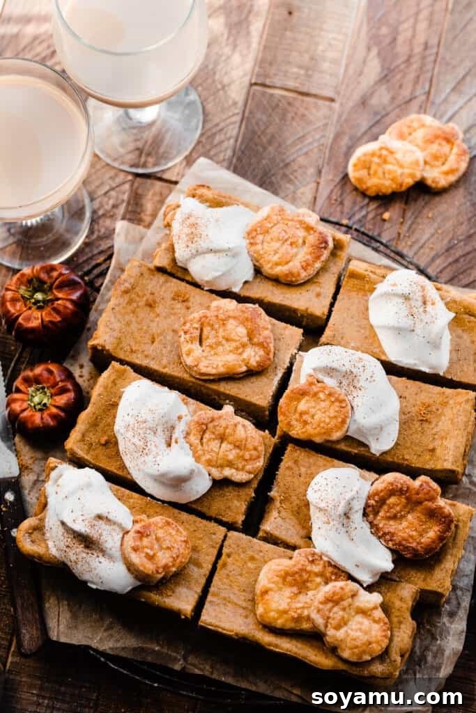 Velvet Pumpkin Irish Cream Cheesecake Bars 9 A beautiful birds-eye view of the perfectly sliced pumpkin cheesecake bars, topped with fluffy whipped cream, arranged on a rustic wooden surface, highlighting their festive and delicious appearance.